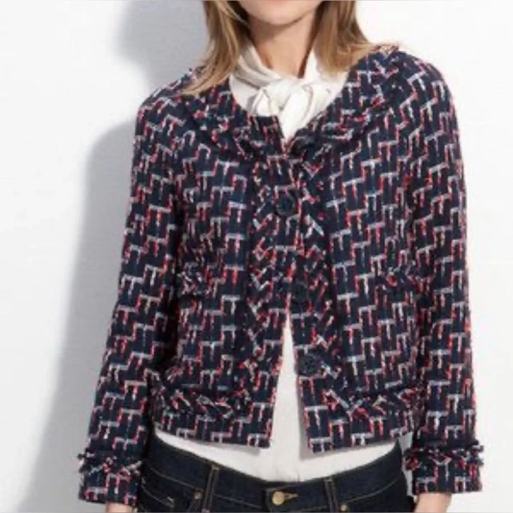 Kate Spade EUC Darby Tweed Cropped Blazer Navy Red Size 10
